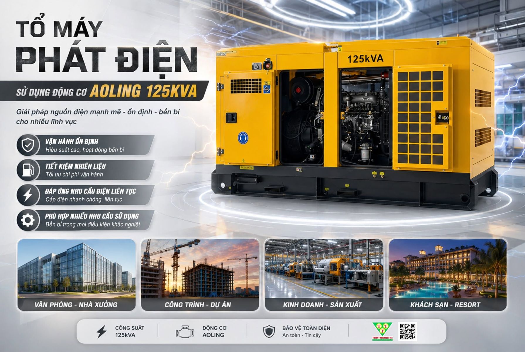 TỔ MÁY PHÁT ĐIỆN 125kVA SỬ DỤNG ĐỘNG CƠ AOLING GIẢI PHÁP NGUỒN ĐIỆN DỰ PHÒNG CHUYÊN NGHIỆP